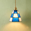 Handmade Blue and White Striped Tiffany-Inspired Pendant Light with Tapered Bell Shape by AuroraeGlass