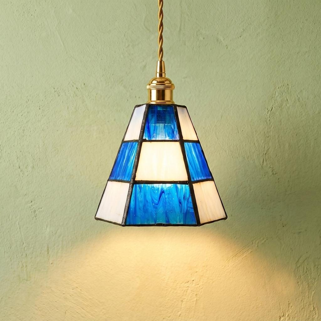 Handmade Blue and White Striped Tiffany-Inspired Pendant Light with Tapered Bell Shape by AuroraeGlass