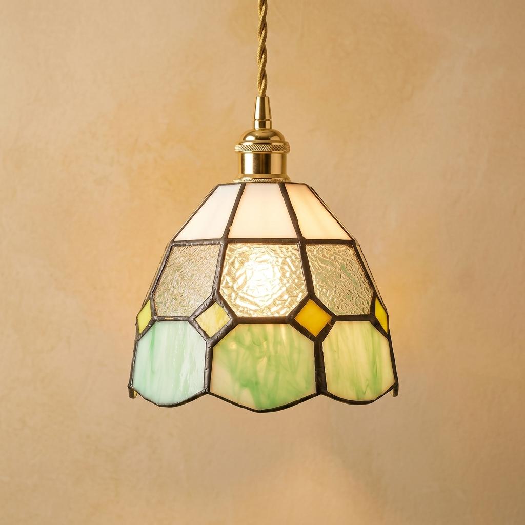 Handmade Cream and Mint-Green Faceted Dome Tiffany-Inspired Pendant Light with Yellow Diamond Motifs by AuroraeGlass