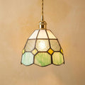 Handmade Cream and Mint-Green Faceted Dome Tiffany-Inspired Pendant Light with Yellow Diamond Motifs by AuroraeGlass