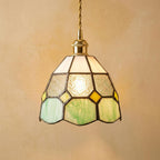 Handmade Cream and Mint-Green Faceted Dome Tiffany-Inspired Pendant Light with Yellow Diamond Motifs by AuroraeGlass