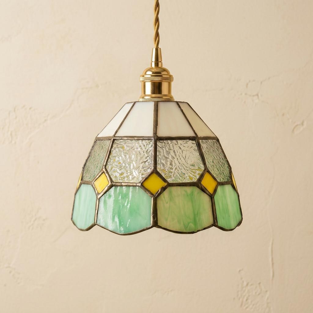 Handmade Cream and Mint-Green Faceted Dome Tiffany-Inspired Pendant Light with Yellow Diamond Motifs - view 5
