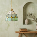 Handmade Cream and Mint-Green Faceted Dome Tiffany-Inspired Pendant Light with Yellow Diamond Motifs - view 7