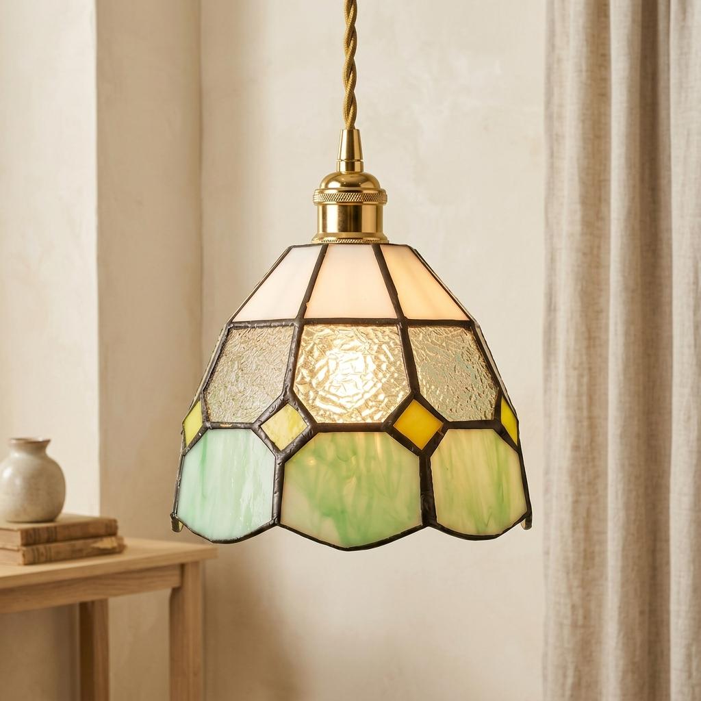 Handmade Cream and Mint-Green Faceted Dome Tiffany-Inspired Pendant Light with Yellow Diamond Motifs - view 10