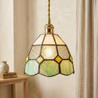 Handmade Cream and Mint-Green Faceted Dome Tiffany-Inspired Pendant Light with Yellow Diamond Motifs - view 10