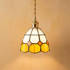Handmade Cream and Yellow Faceted Bell Tiffany-Inspired Pendant Light with Orange Diamond Motifs by AuroraeGlass