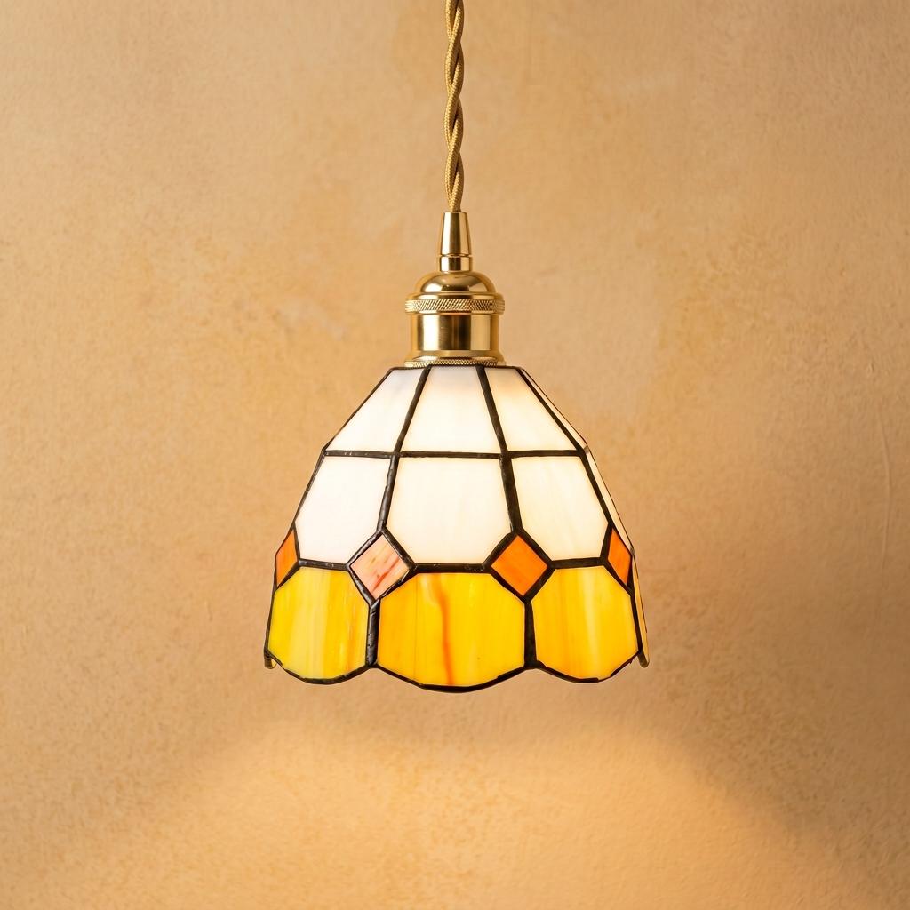 Handmade Cream and Yellow Faceted Bell Tiffany-Inspired Pendant Light with Orange Diamond Motifs by AuroraeGlass