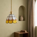 Handmade Cream and Yellow Faceted Bell Tiffany-Inspired Pendant Light with Orange Diamond Motifs - view 7