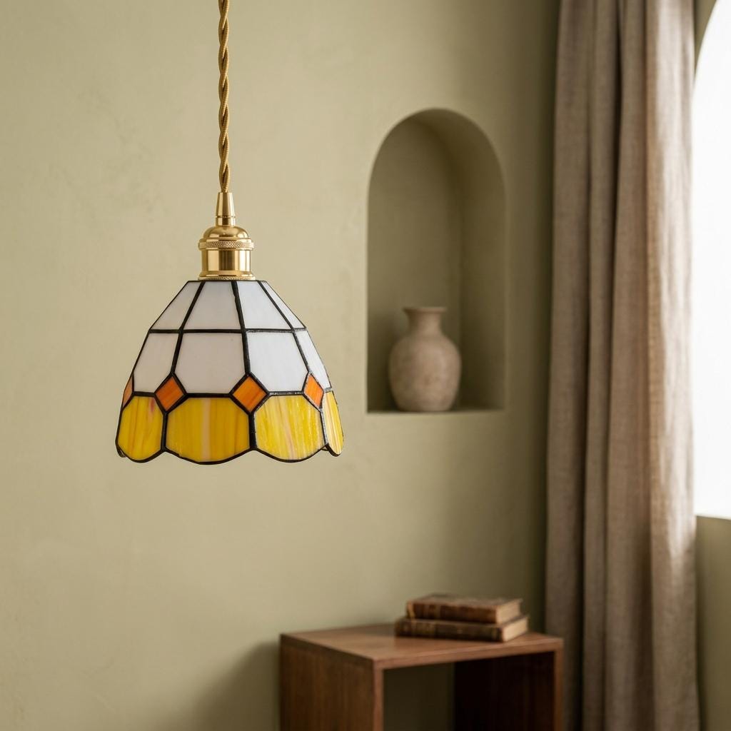 Handmade Cream and Yellow Faceted Bell Tiffany-Inspired Pendant Light with Orange Diamond Motifs - view 7