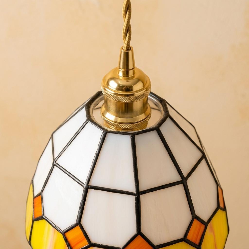 Handmade Cream and Yellow Faceted Bell Tiffany-Inspired Pendant Light with Orange Diamond Motifs - view 4