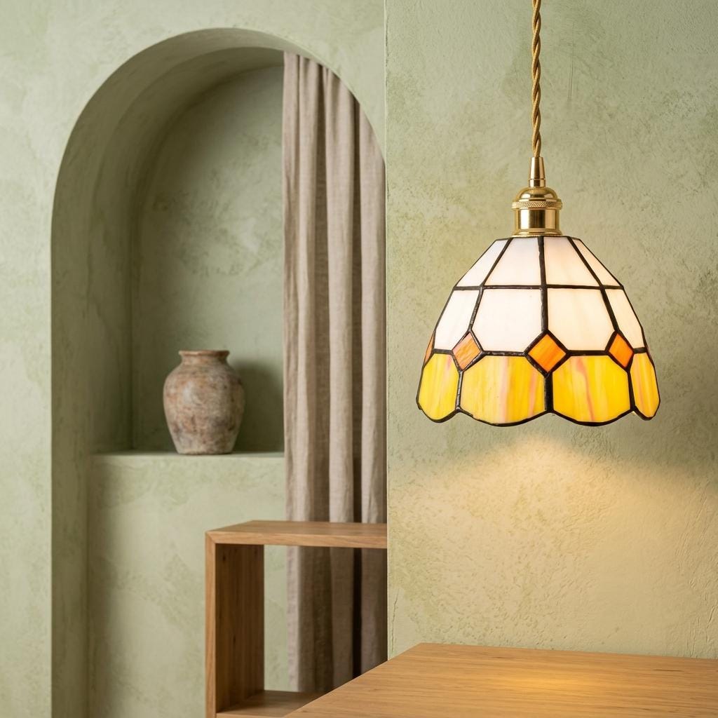 Handmade Cream and Yellow Faceted Bell Tiffany-Inspired Pendant Light with Orange Diamond Motifs - view 6
