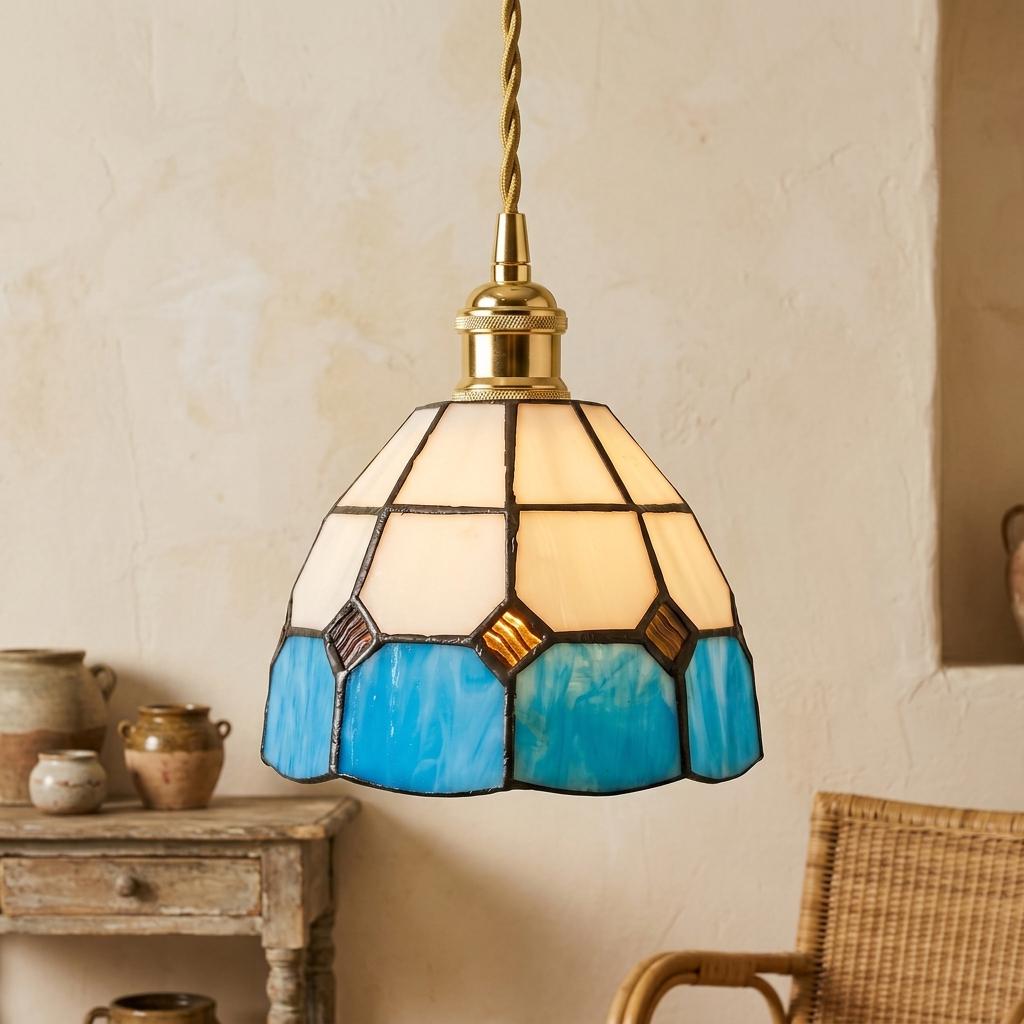 Handmade Cream and Sky-Blue Tiffany-Inspired Pendant Light with Amber-tone Diamond Motifs - view 10