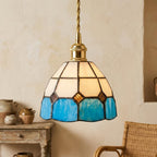 Handmade Cream and Sky-Blue Tiffany-Inspired Pendant Light with Amber-tone Diamond Motifs - view 10