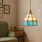 Handmade Cream and Sky-Blue Tiffany-Inspired Pendant Light with Amber-tone Diamond Motifs - view 8