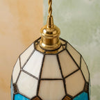 Handmade Cream and Sky-Blue Tiffany-Inspired Pendant Light with Amber-tone Diamond Motifs - view 4