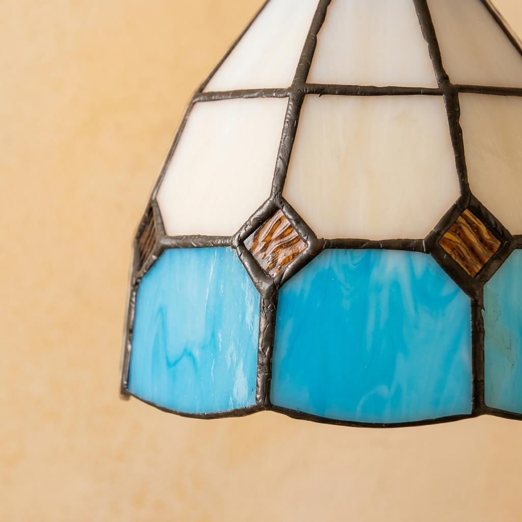 Handmade Cream and Sky-Blue Tiffany-Inspired Pendant Light with Amber-tone Diamond Motifs - view 3