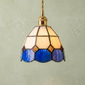 Handmade Cream and Deep-Blue Tiffany-Inspired Pendant Light with Amber-tone Diamond Motifs by AuroraeGlass