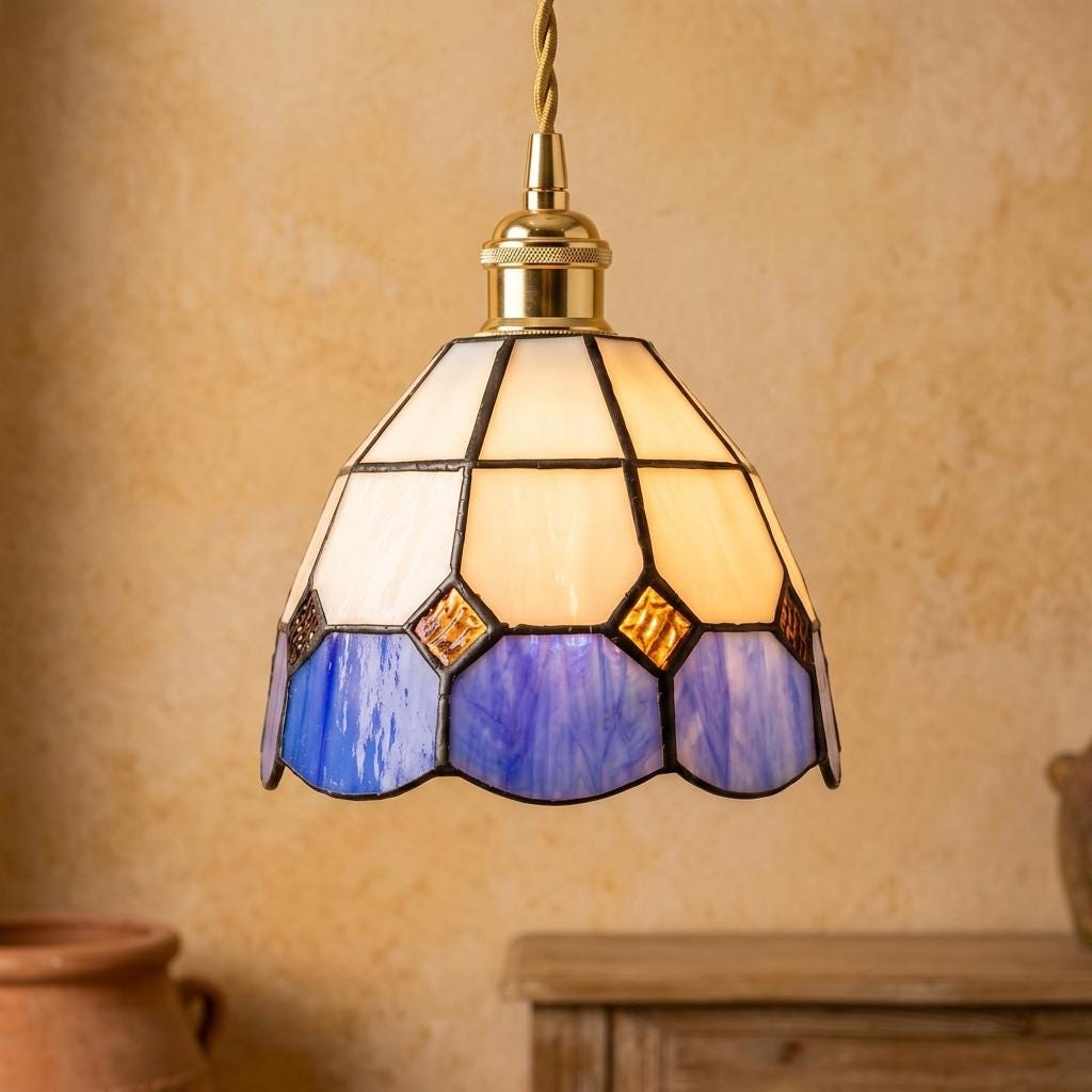 Handmade Cream and Deep-Blue Tiffany-Inspired Pendant Light with Amber-tone Diamond Motifs - view 10
