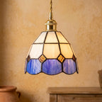 Handmade Cream and Deep-Blue Tiffany-Inspired Pendant Light with Amber-tone Diamond Motifs - view 10