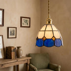 Handmade Cream and Deep-Blue Tiffany-Inspired Pendant Light with Amber-tone Diamond Motifs - view 8
