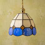 Handmade Cream and Deep-Blue Tiffany-Inspired Pendant Light with Amber-tone Diamond Motifs - view 5
