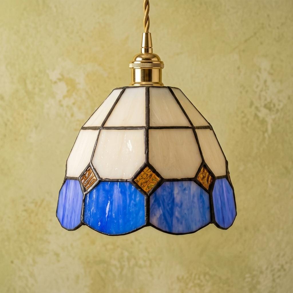 Handmade Cream and Deep-Blue Tiffany-Inspired Pendant Light with Amber-tone Diamond Motifs - view 5