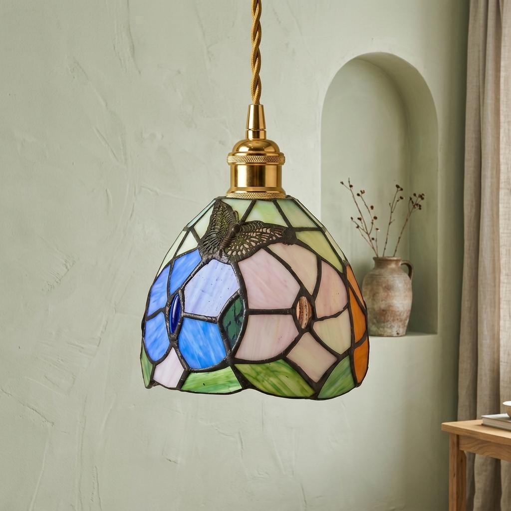 Blue and Pink Handmade Tiffany-Inspired Pendant Light with Butterfly-Like Botanical Motifs - view 7