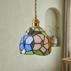 Blue and Pink Handmade Tiffany-Inspired Pendant Light with Butterfly-Like Botanical Motifs - view 7