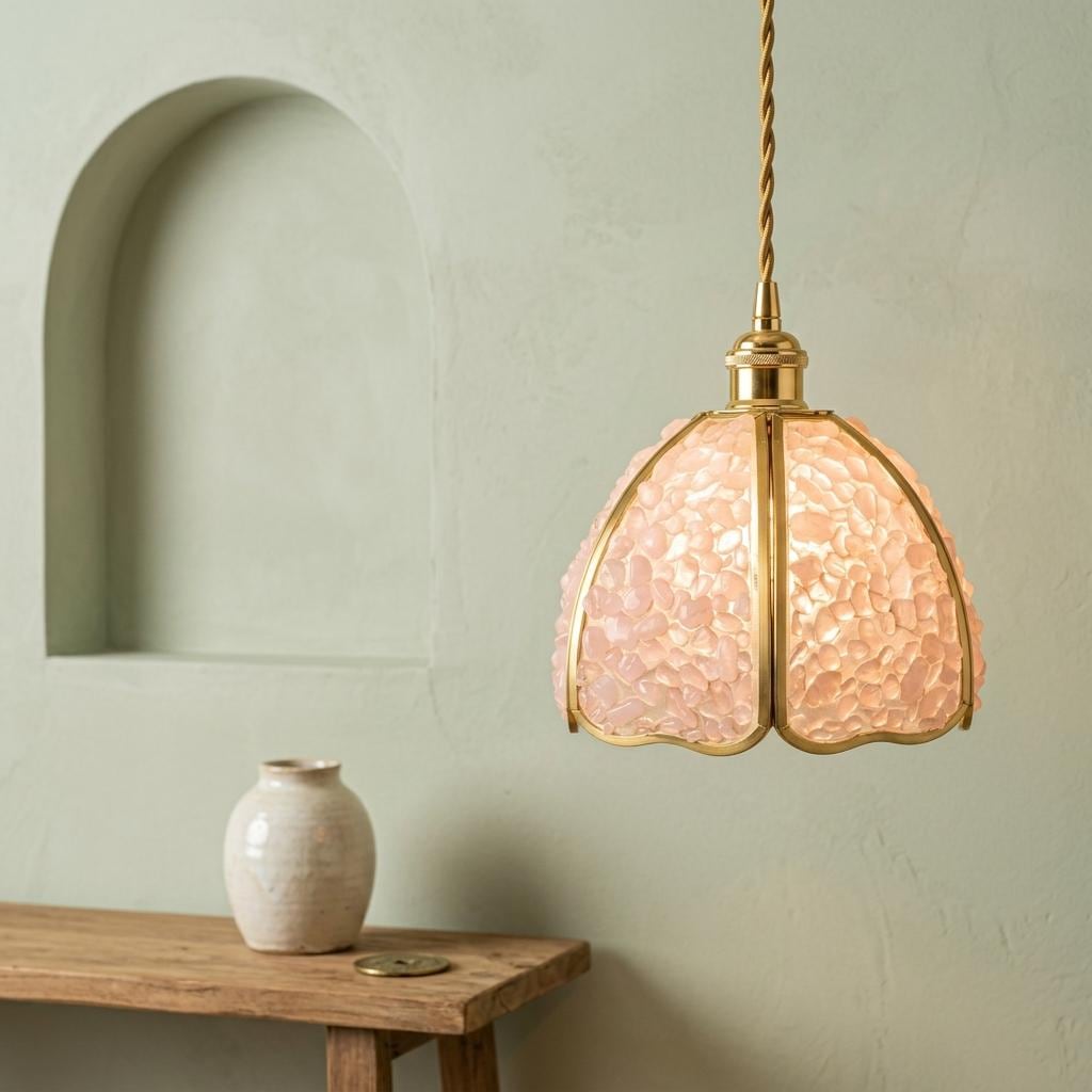 Soft Pink Pebble-Pattern Handmade Tiffany-Inspired Pendant Light with Petal-Panel Dome - view 6