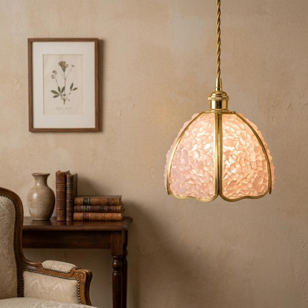 Soft Pink Pebble-Pattern Handmade Tiffany-Inspired Pendant Light with Petal-Panel Dome - view 8