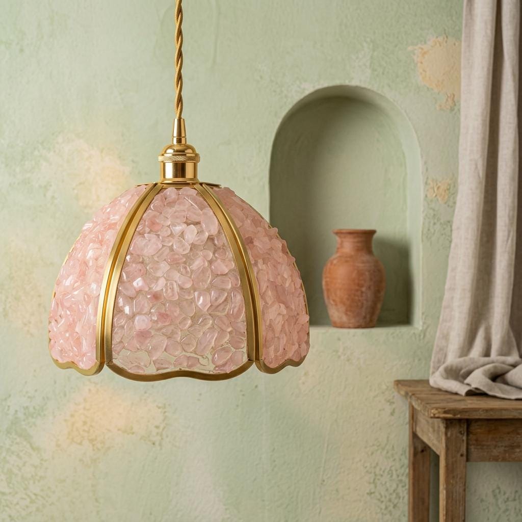 Soft Pink Pebble-Pattern Handmade Tiffany-Inspired Pendant Light with Petal-Panel Dome - view 7