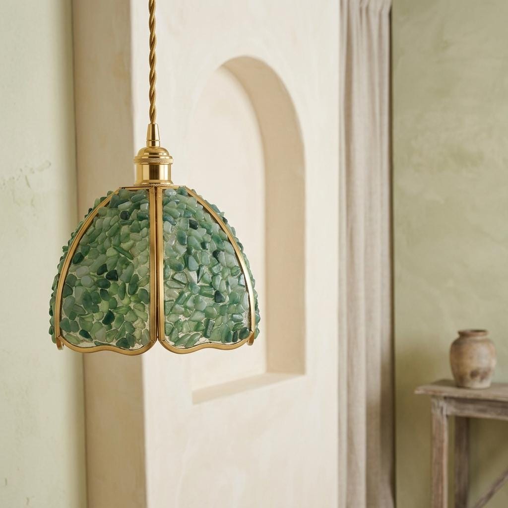 Green Pebble-Pattern Handmade Tiffany-Inspired Pendant Light with Petal-Panel Dome - view 7