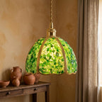 Green Pebble-Pattern Handmade Tiffany-Inspired Pendant Light with Petal-Panel Dome - view 10