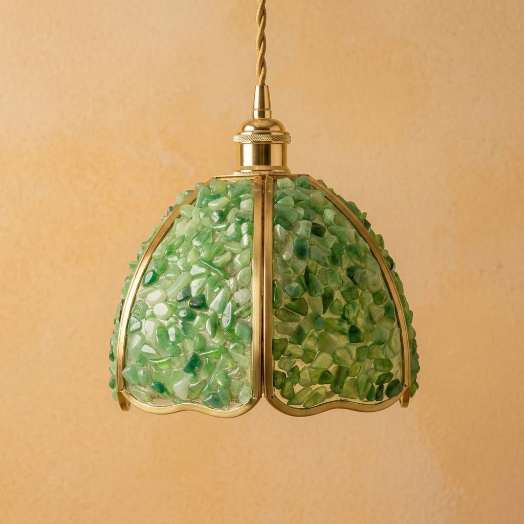 Green Pebble-Pattern Handmade Tiffany-Inspired Pendant Light with Petal-Panel Dome - view 5