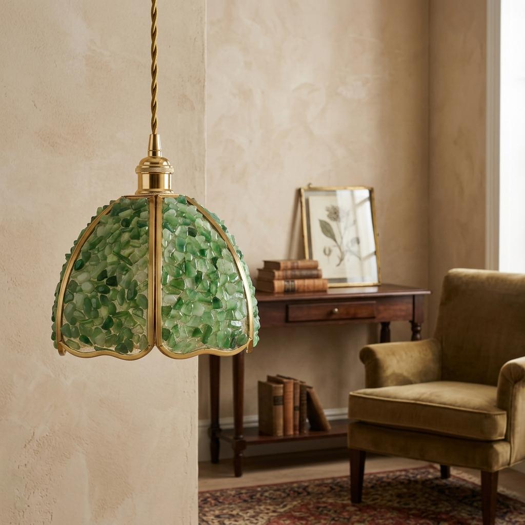 Green Pebble-Pattern Handmade Tiffany-Inspired Pendant Light with Petal-Panel Dome - view 9