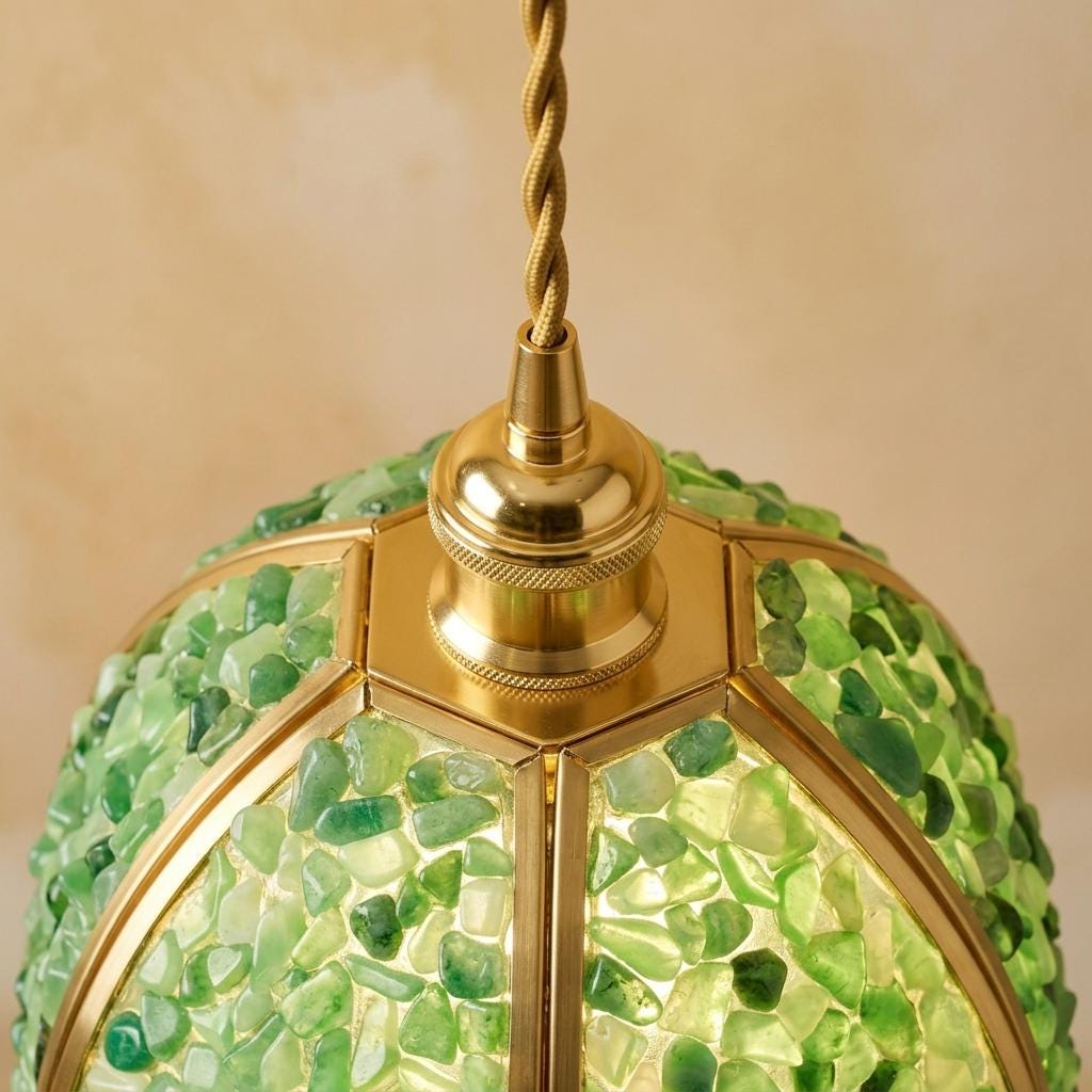 Green Pebble-Pattern Handmade Tiffany-Inspired Pendant Light with Petal-Panel Dome - view 4