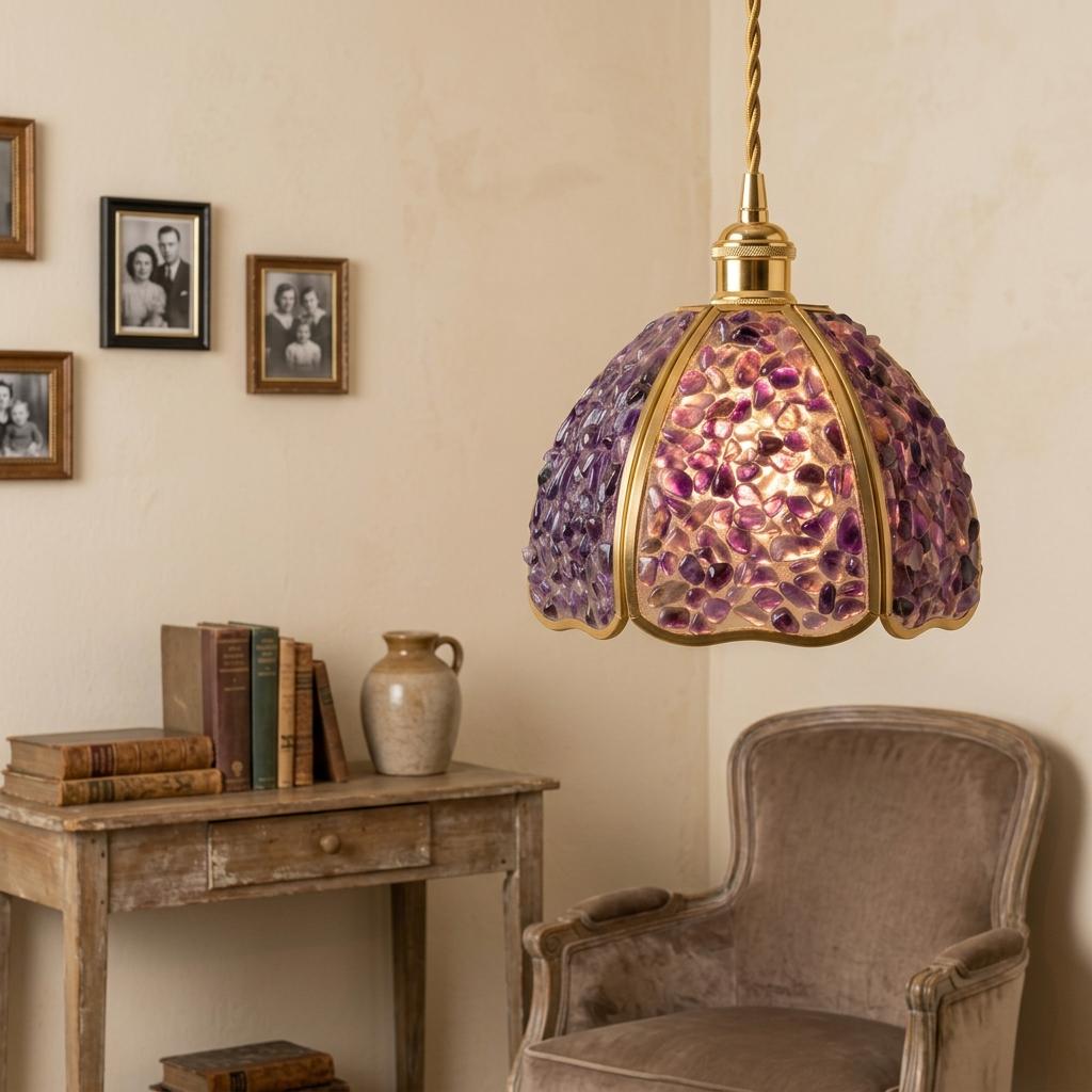 Purple Pebble-Pattern Handmade Tiffany-Inspired Pendant Light with Petal-Panel Dome - view 7