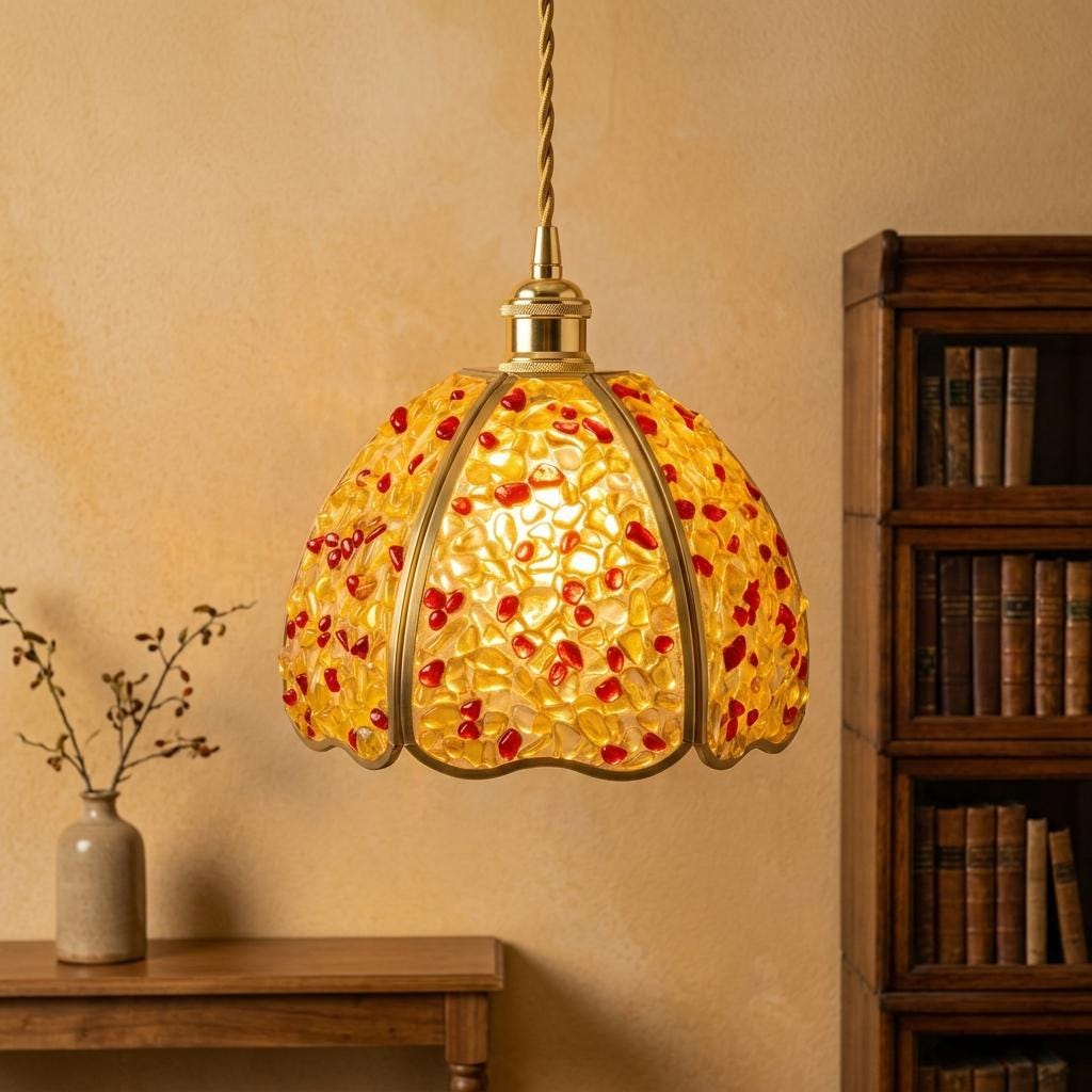 Yellow and Red Pebble-Pattern Domed Handmade Tiffany-Inspired Pendant Light - view 10
