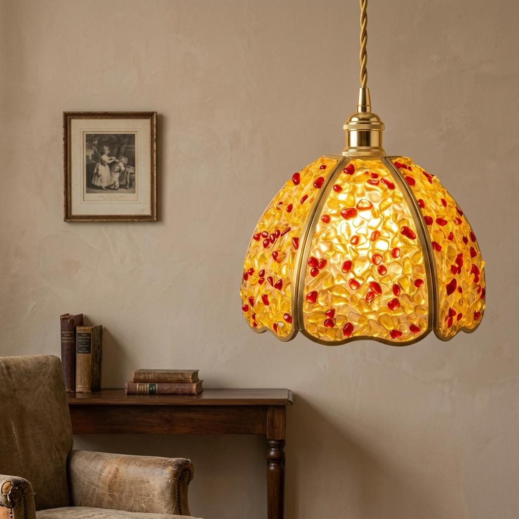 Yellow and Red Pebble-Pattern Domed Handmade Tiffany-Inspired Pendant Light - view 8