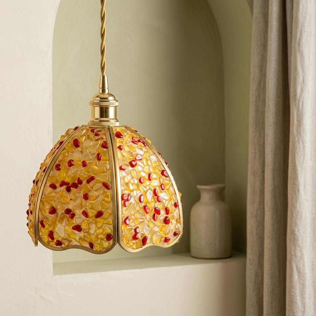 Yellow and Red Pebble-Pattern Domed Handmade Tiffany-Inspired Pendant Light - view 7