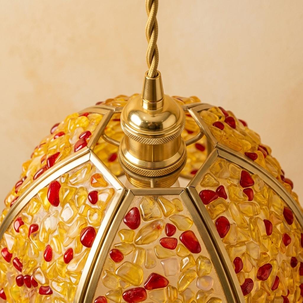 Yellow and Red Pebble-Pattern Domed Handmade Tiffany-Inspired Pendant Light - view 4