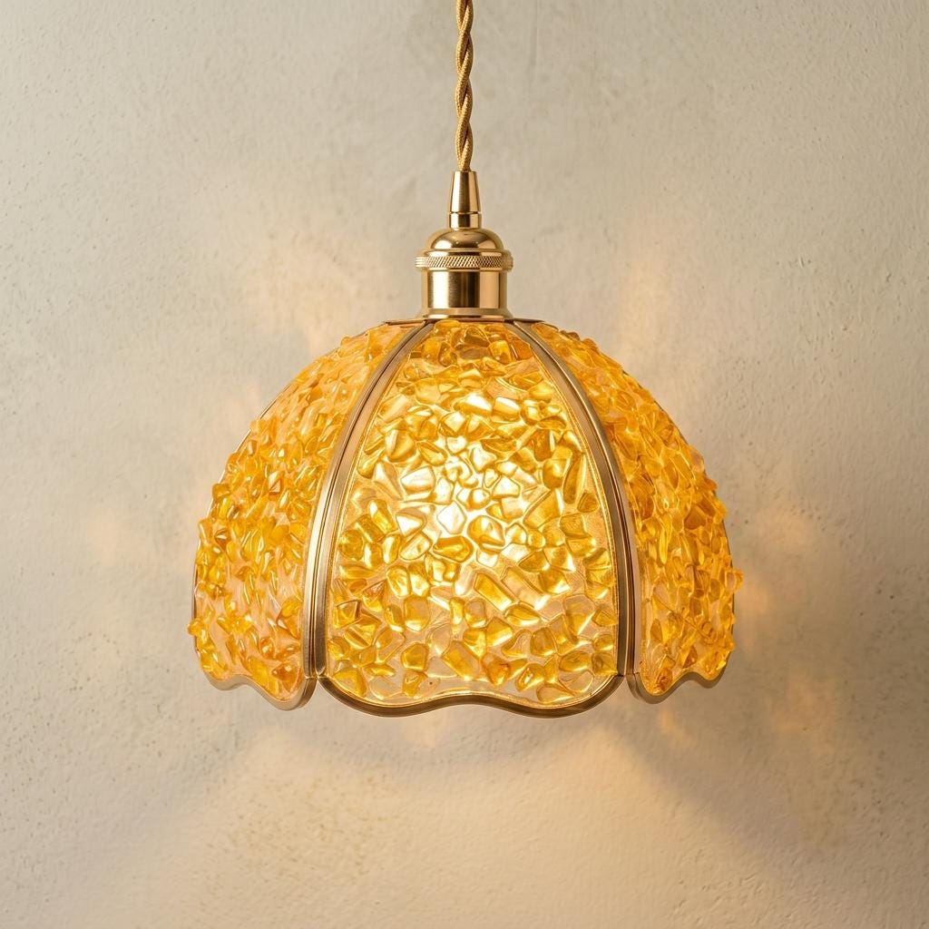 Yellow Pebble-Pattern Domed Handmade Tiffany-Inspired Pendant Light with Amber-Tone Speckles by AuroraeGlass