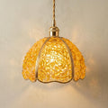 Yellow Pebble-Pattern Domed Handmade Tiffany-Inspired Pendant Light with Amber-Tone Speckles by AuroraeGlass
