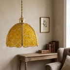 Yellow Pebble-Pattern Domed Handmade Tiffany-Inspired Pendant Light with Amber-Tone Speckles - view 9