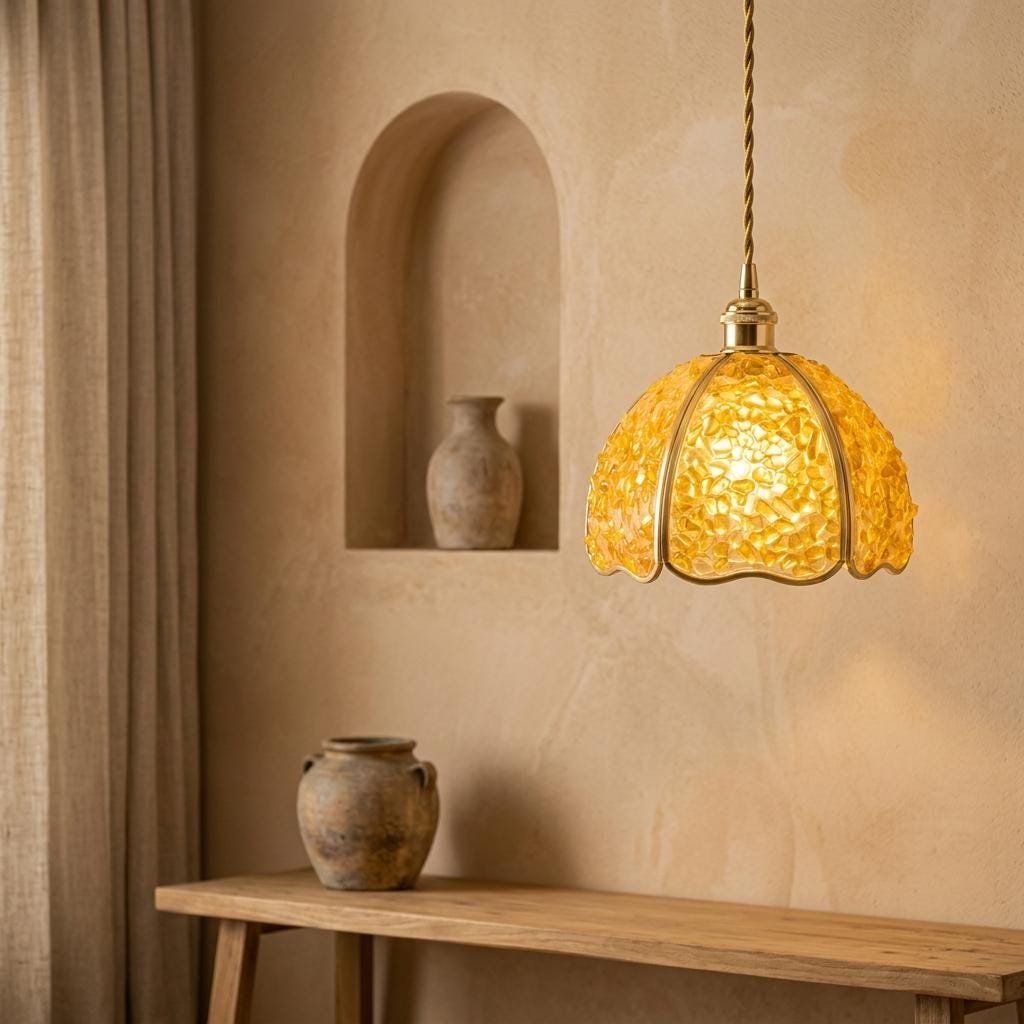 Yellow Pebble-Pattern Domed Handmade Tiffany-Inspired Pendant Light with Amber-Tone Speckles - view 6