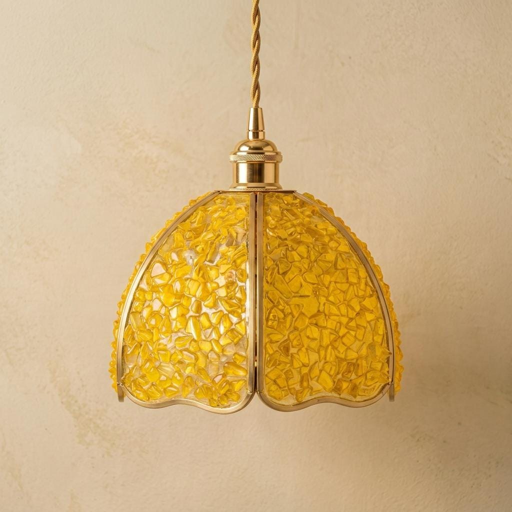 Yellow Pebble-Pattern Domed Handmade Tiffany-Inspired Pendant Light with Amber-Tone Speckles - view 5