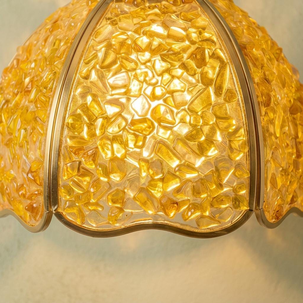 Yellow Pebble-Pattern Domed Handmade Tiffany-Inspired Pendant Light with Amber-Tone Speckles - view 3