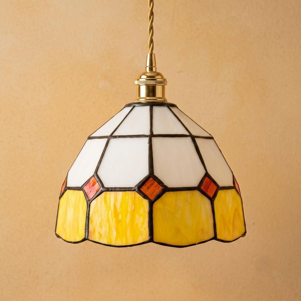 Cream and Yellow Domed Handmade Tiffany-Inspired Pendant Light with Red Diamond Details - view 4