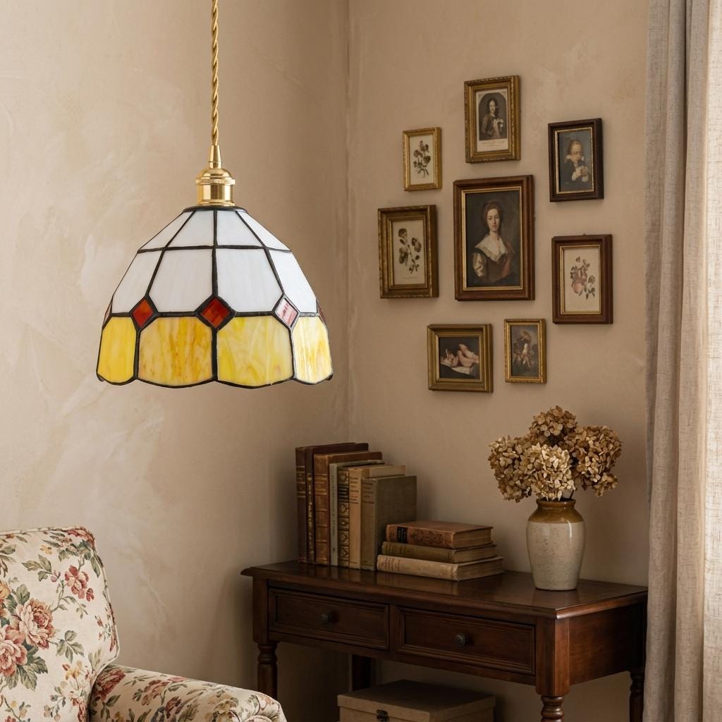 Cream and Yellow Domed Handmade Tiffany-Inspired Pendant Light with Red Diamond Details - view 8