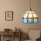Cream and Blue Domed Handmade Tiffany-Inspired Pendant Light with Amber-Tone Diamond Motifs - view 8